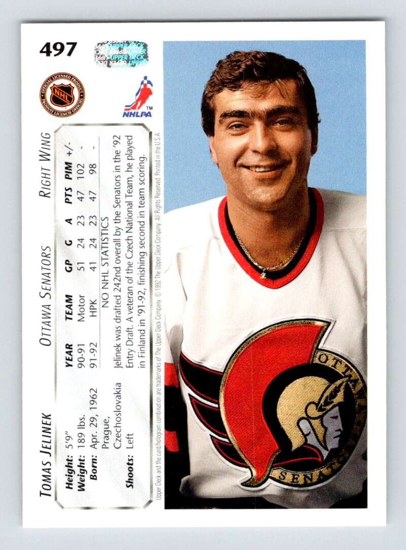 1992-93 Upper Deck Hockey #497 Tomas Jelinek RC Rookie Ottawa Senators Image 2