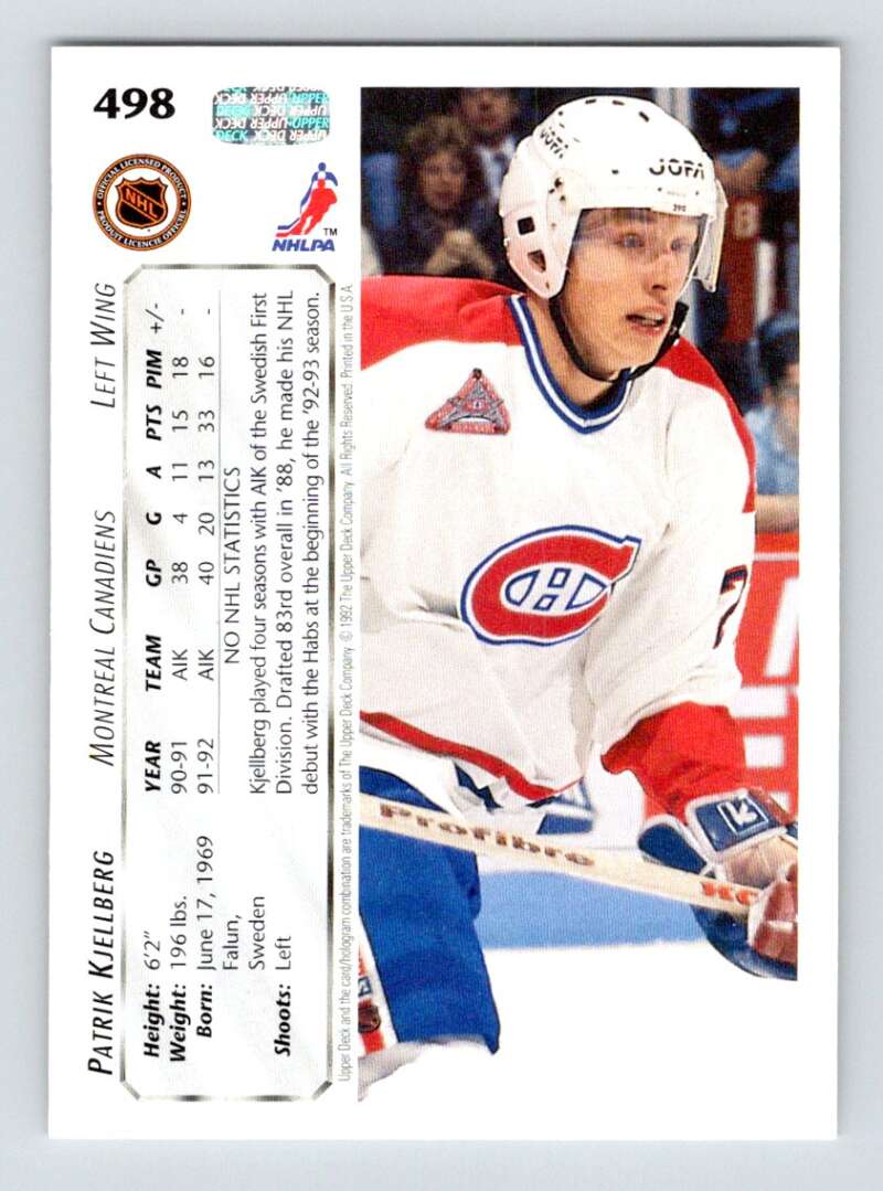 1992-93 Upper Deck Hockey #498 Patrik Kjellberg RC Rookie Montreal Canadiens Image 2