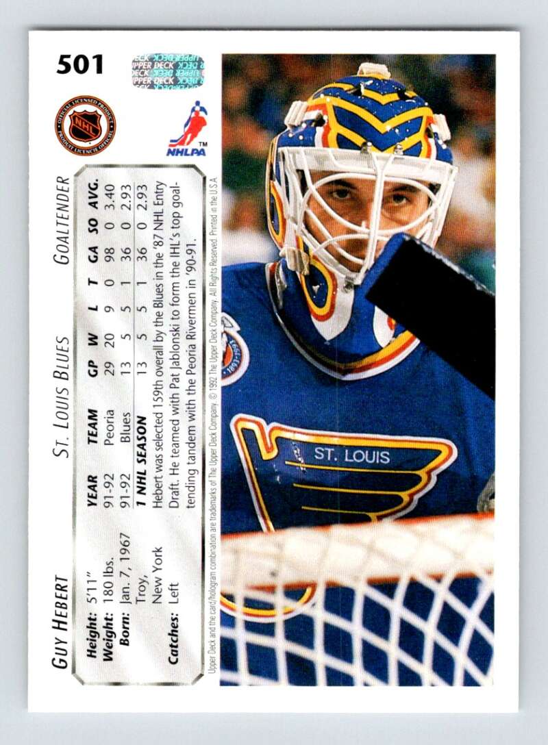 1992-93 Upper Deck Hockey #501 Guy Hebert RC Rookie St. Louis Blues Image 2