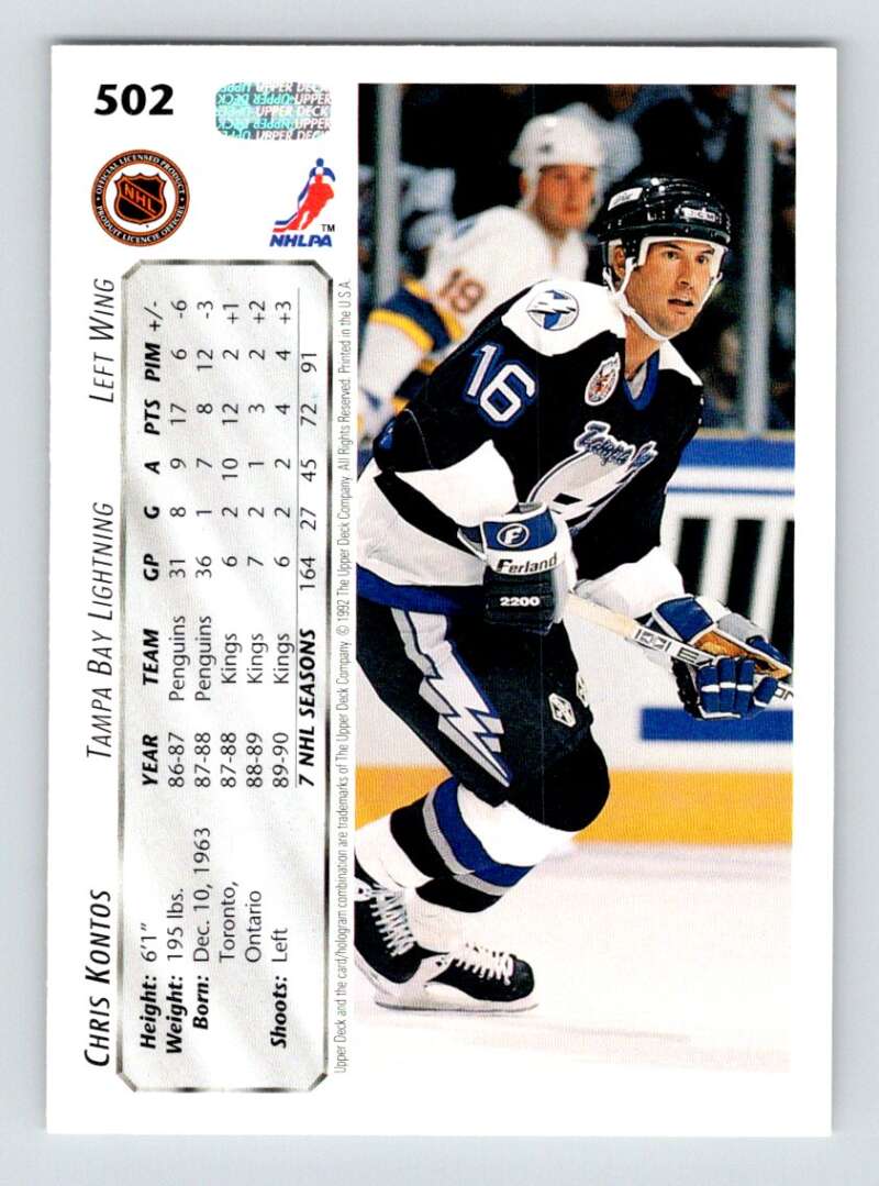 1992-93 Upper Deck Hockey #502 Chris Kontos RC Rookie Tampa Bay Lightning Image 2