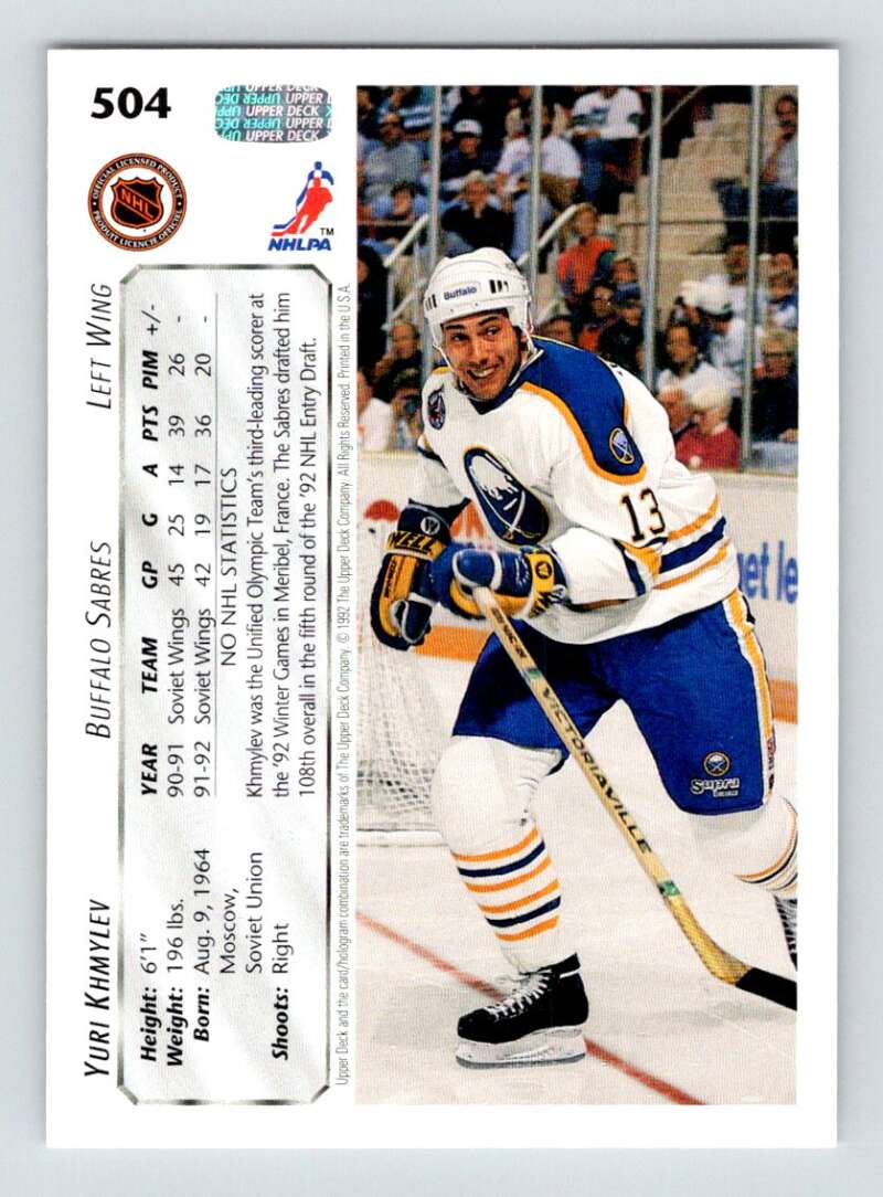 1992-93 Upper Deck Hockey #504 Yuri Khmylev RC Rookie Buffalo Sabres Image 2