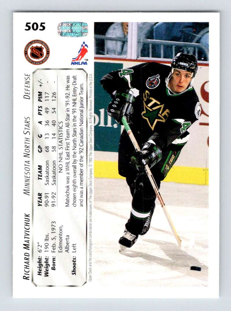 1992-93 Upper Deck Hockey #505 Richard Matvichuk RC Rookie North Stars Image 2