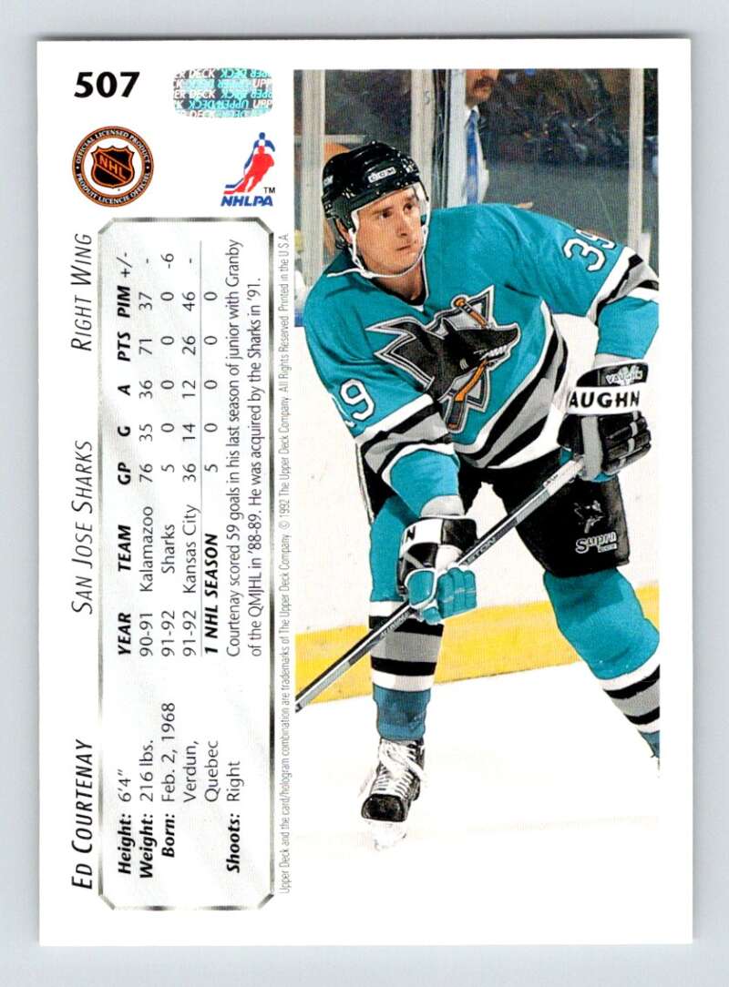 1992-93 Upper Deck Hockey #507 Ed Courtenay San Jose Sharks Image 2