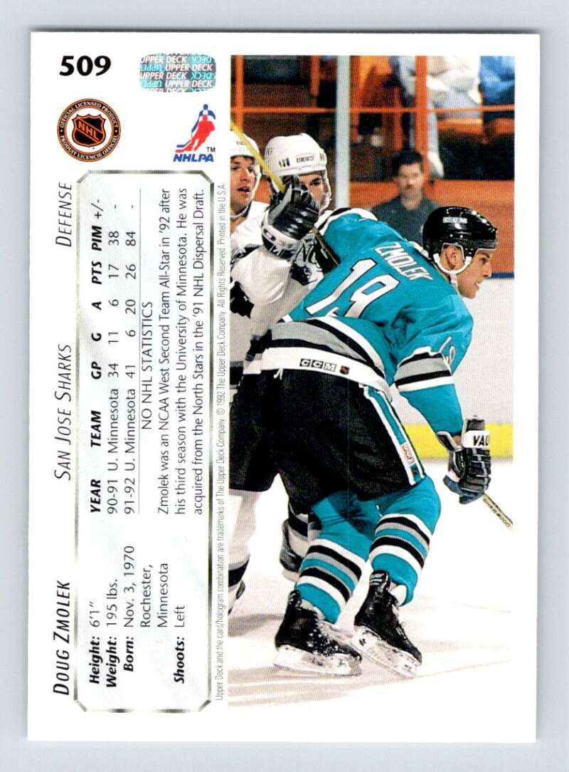 1992-93 Upper Deck Hockey #509 Doug Zmolek RC Rookie San Jose Sharks Image 2