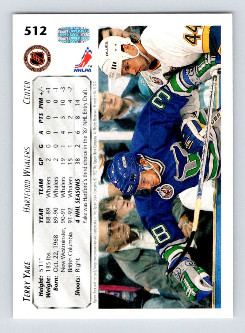 1992-93 Upper Deck Hockey #512 Terry Yake Hartford Whalers Image 2