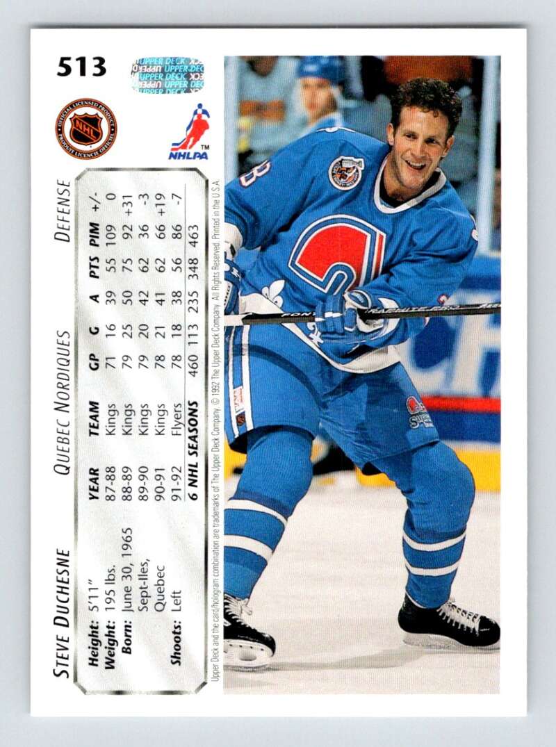 1992-93 Upper Deck Hockey #513 Steve Duchesne Quebec Nordiques Image 2