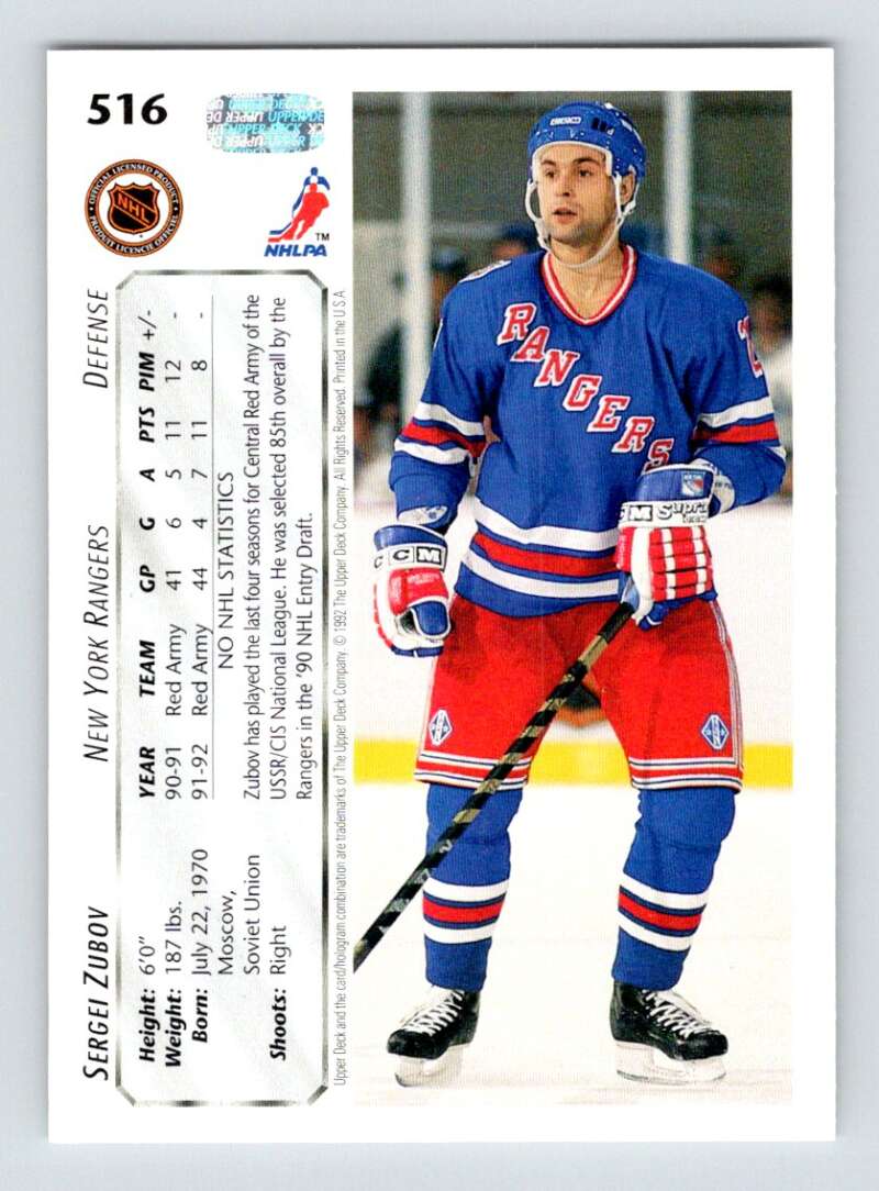 1992-93 Upper Deck Hockey #516 Sergei Zubov RC Rookie New York Rangers Image 2