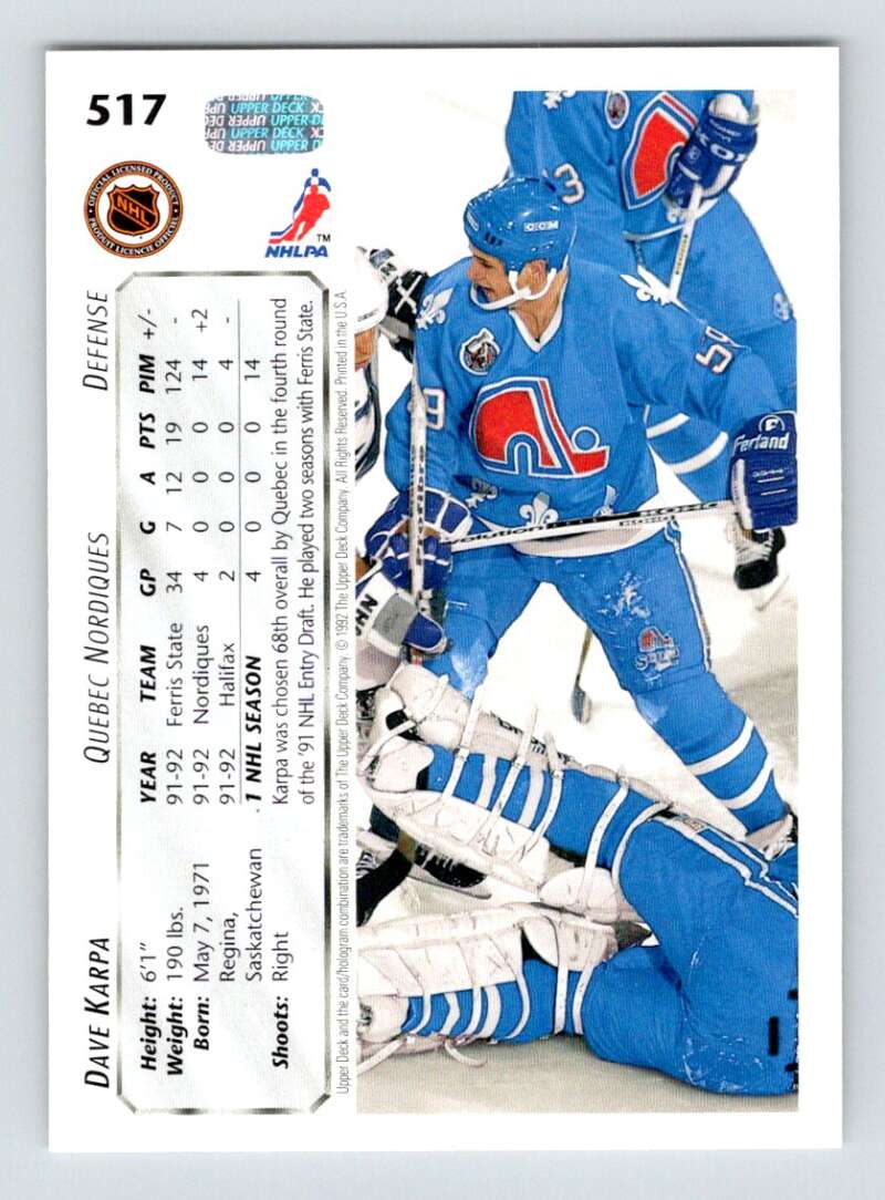 1992-93 Upper Deck Hockey #517 Dave Karpa RC Rookie Quebec Nordiques Image 2