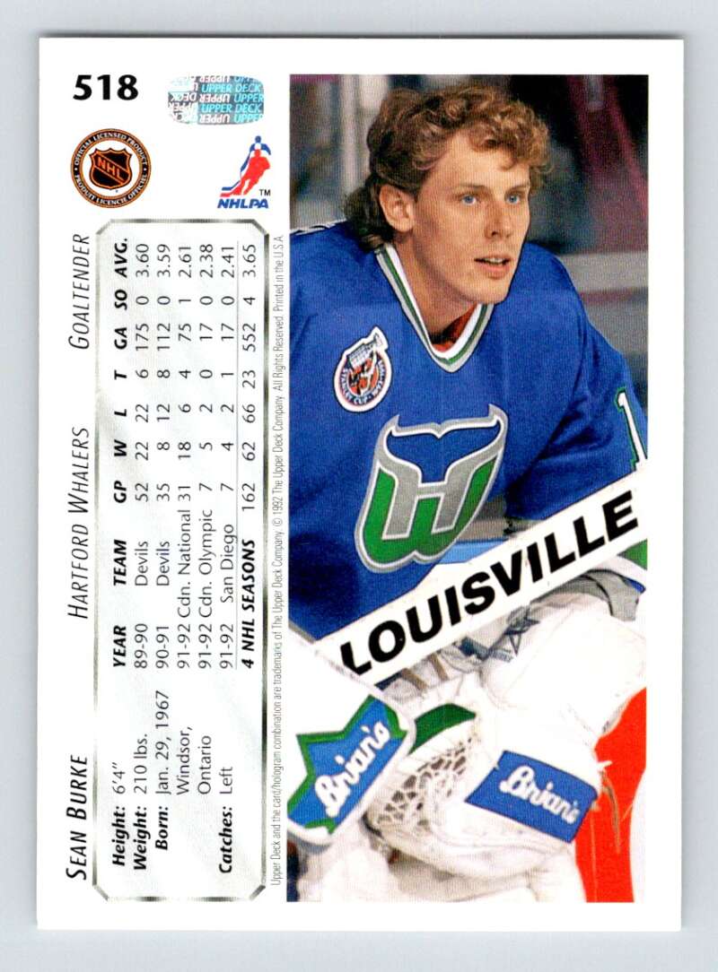 1992-93 Upper Deck Hockey #518 Sean Burke Hartford Whalers Image 2