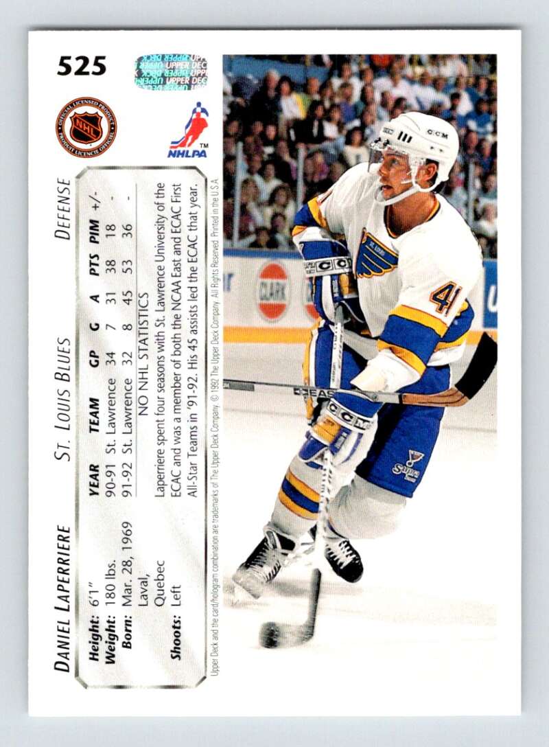 1992-93 Upper Deck Hockey #525 Daniel Laperriere RC Rookie St. Louis Blues Image 2