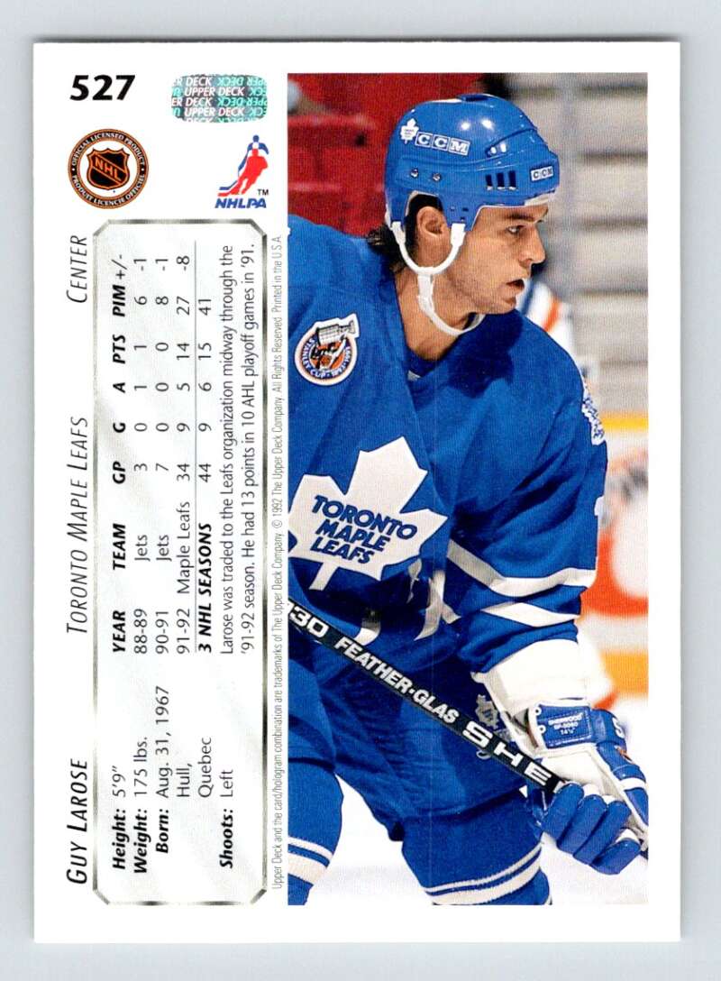 1992-93 Upper Deck Hockey #527 Guy Larose Toronto Maple Leafs Image 2