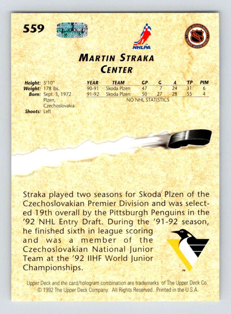 1992-93 Upper Deck Hockey #559 Martin Straka YG RC Rookie Pittsburgh Penguins Image 2