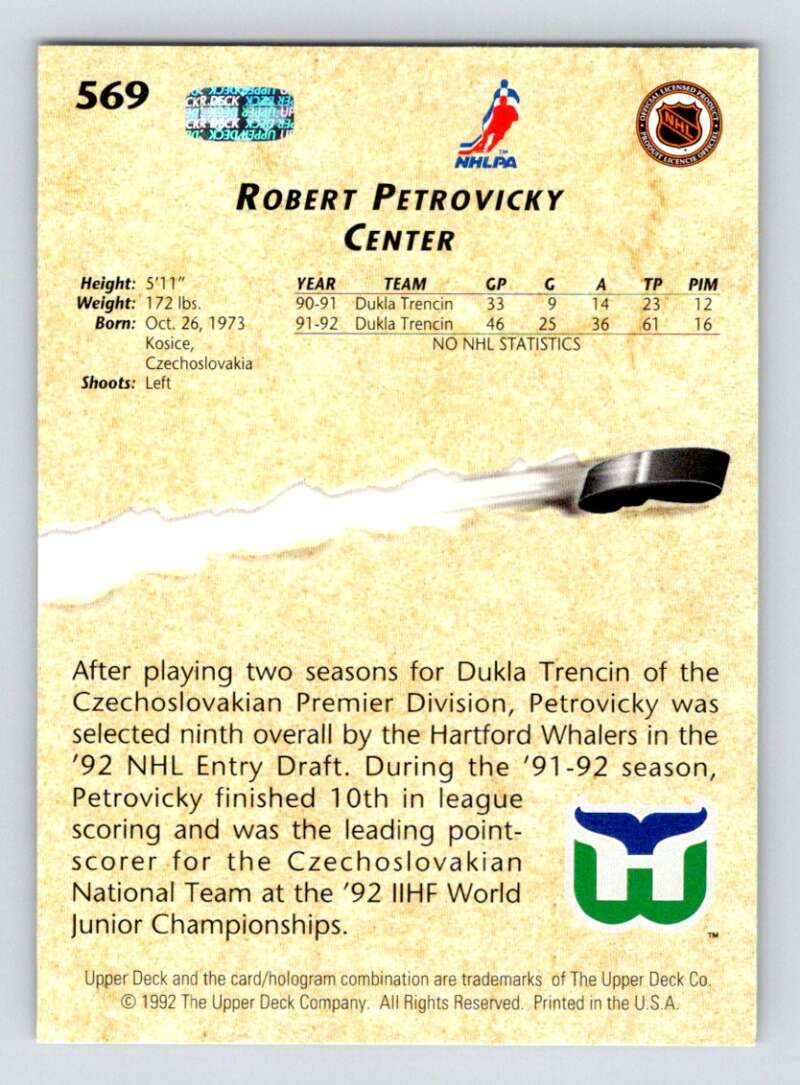 1992-93 Upper Deck Hockey #569 Robert Petrovicky YG RC Rookie Whalers Image 2