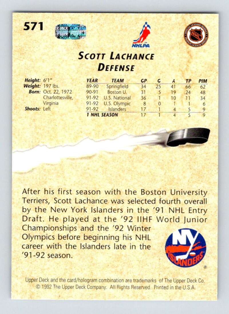 1992-93 Upper Deck Hockey #571 Scott Lachance YG New York Islanders Image 2