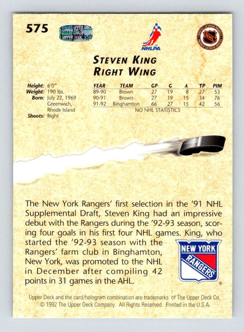 1992-93 Upper Deck Hockey #575 Steven King YG RC Rookie New York Rangers Image 2
