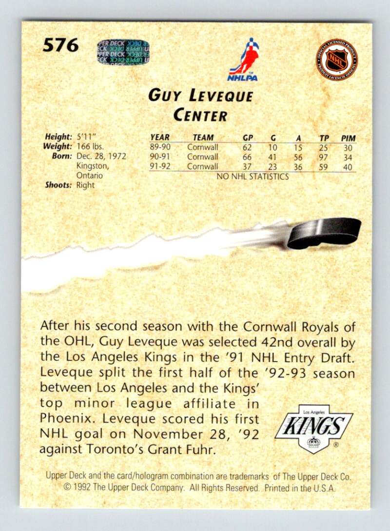 1992-93 Upper Deck Hockey #576 Guy Leveque YG RC Rookie Los Angeles Kings Image 2