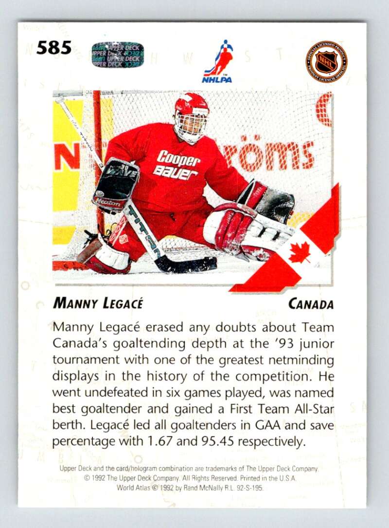 1992-93 Upper Deck Hockey #585 Manny Legace RC Rookie Image 2