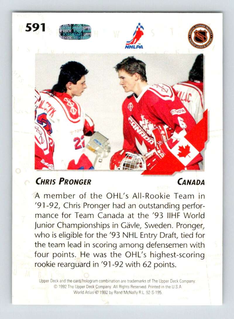 1992-93 Upper Deck Hockey #591 Chris Pronger RC Rookie Image 2