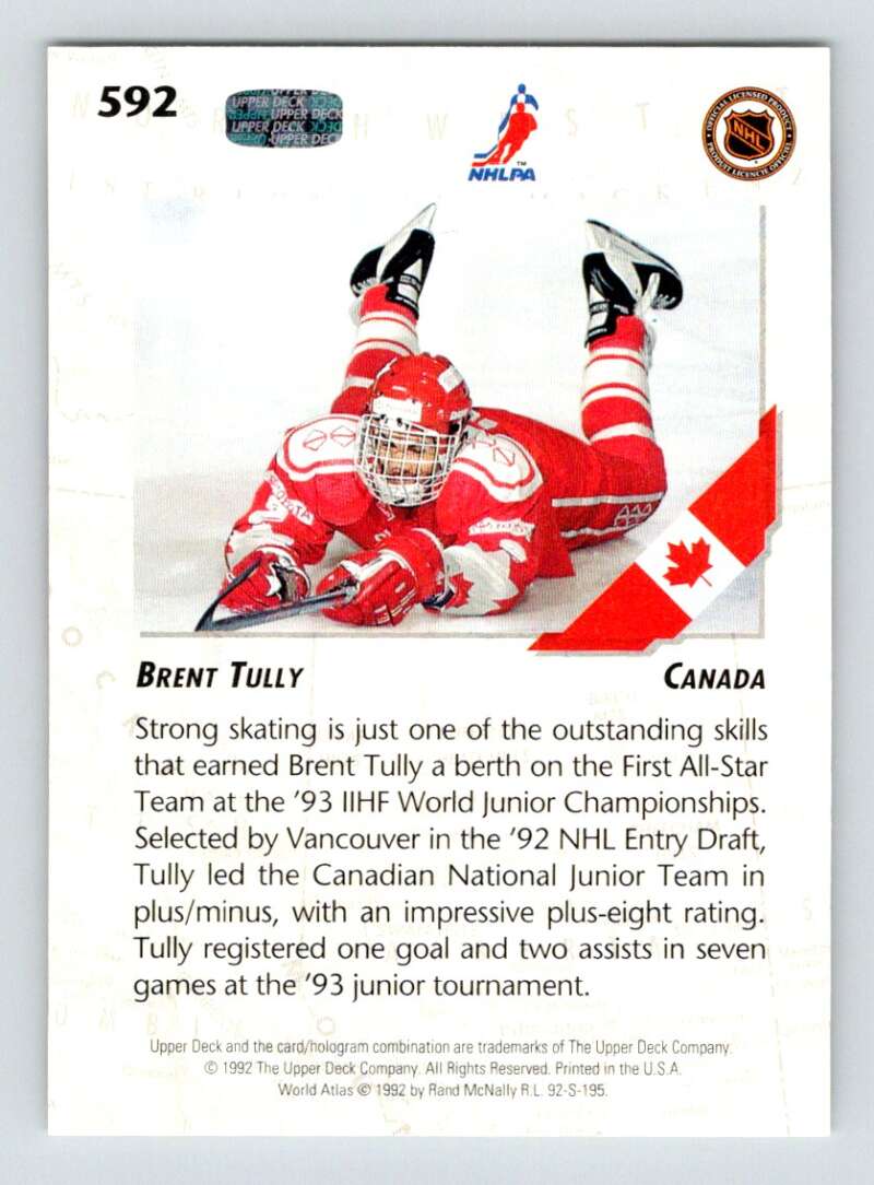 1992-93 Upper Deck Hockey #592 Brent Tully RC Rookie Image 2