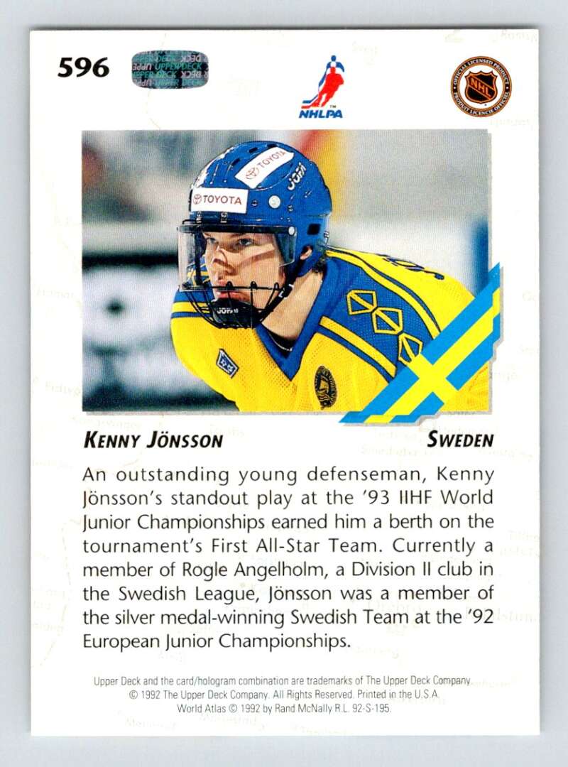 1992-93 Upper Deck Hockey #596 Kenny Jonsson RC Rookie Image 2
