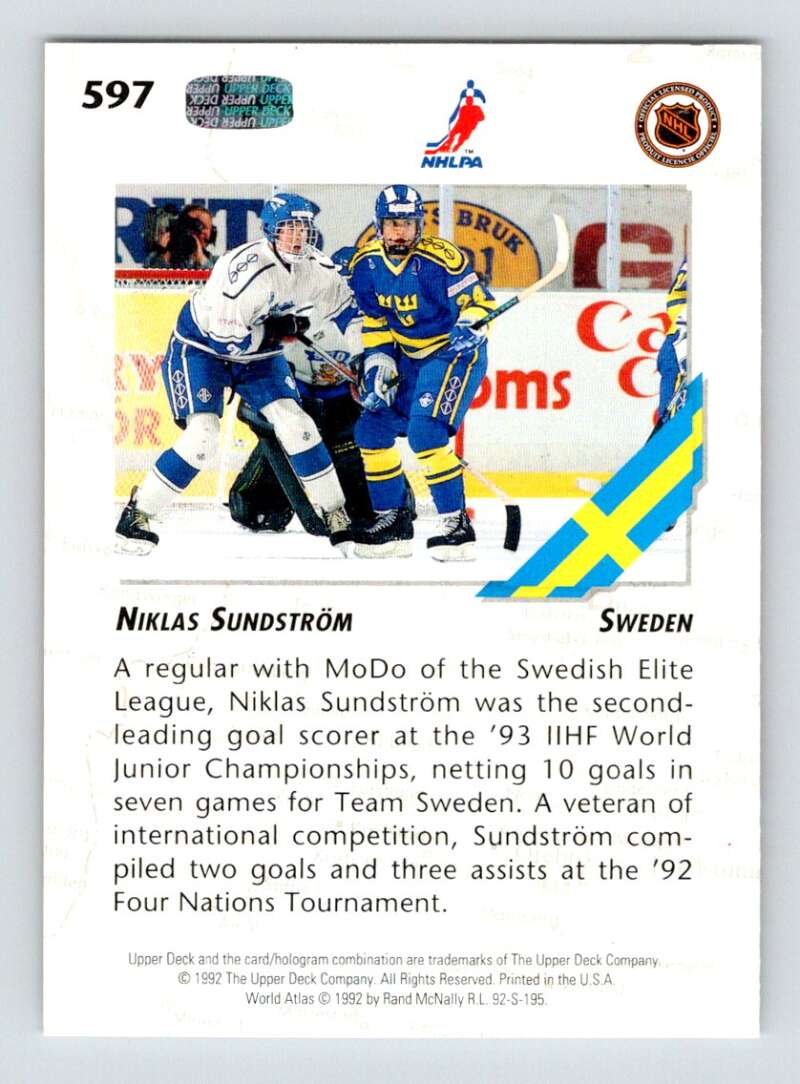 1992-93 Upper Deck Hockey #597 Niklas Sundstrom RC Rookie Image 2