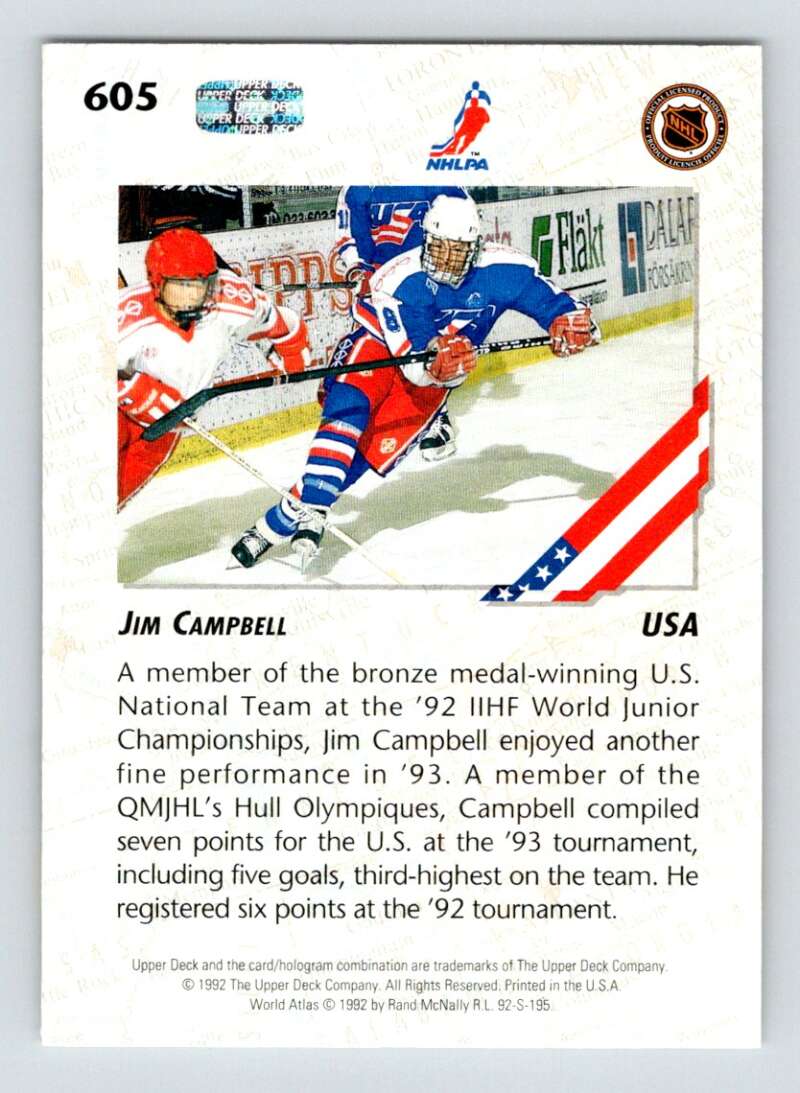 1992-93 Upper Deck Hockey #605 Jim Campbell RC Rookie Image 2