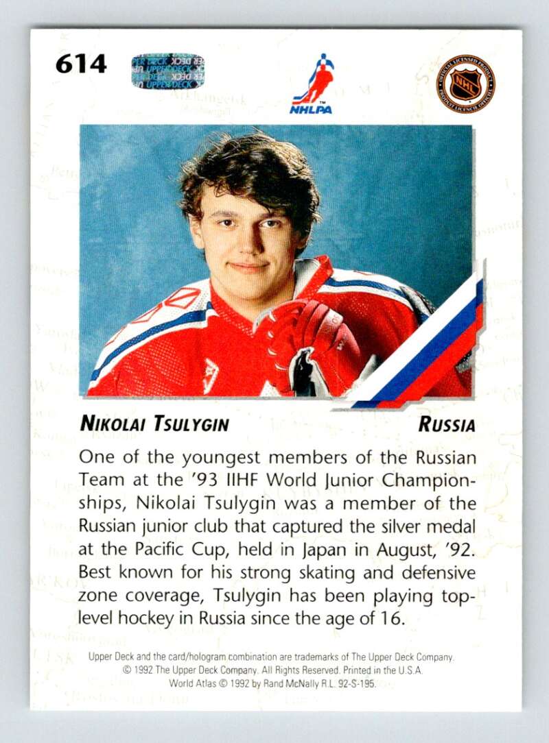 1992-93 Upper Deck Hockey #614 Nikolai Tsulygin RC Rookie Image 2