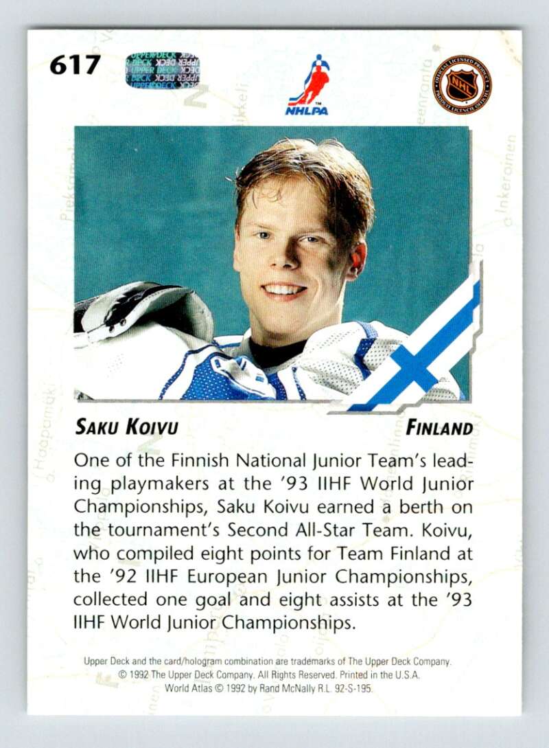 1992-93 Upper Deck Hockey #617 Saku Koivu RC Rookie Image 2