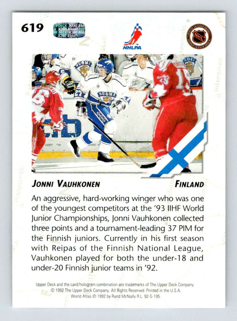 1992-93 Upper Deck Hockey #619 Jonni Vauhkonen RC Rookie Image 2