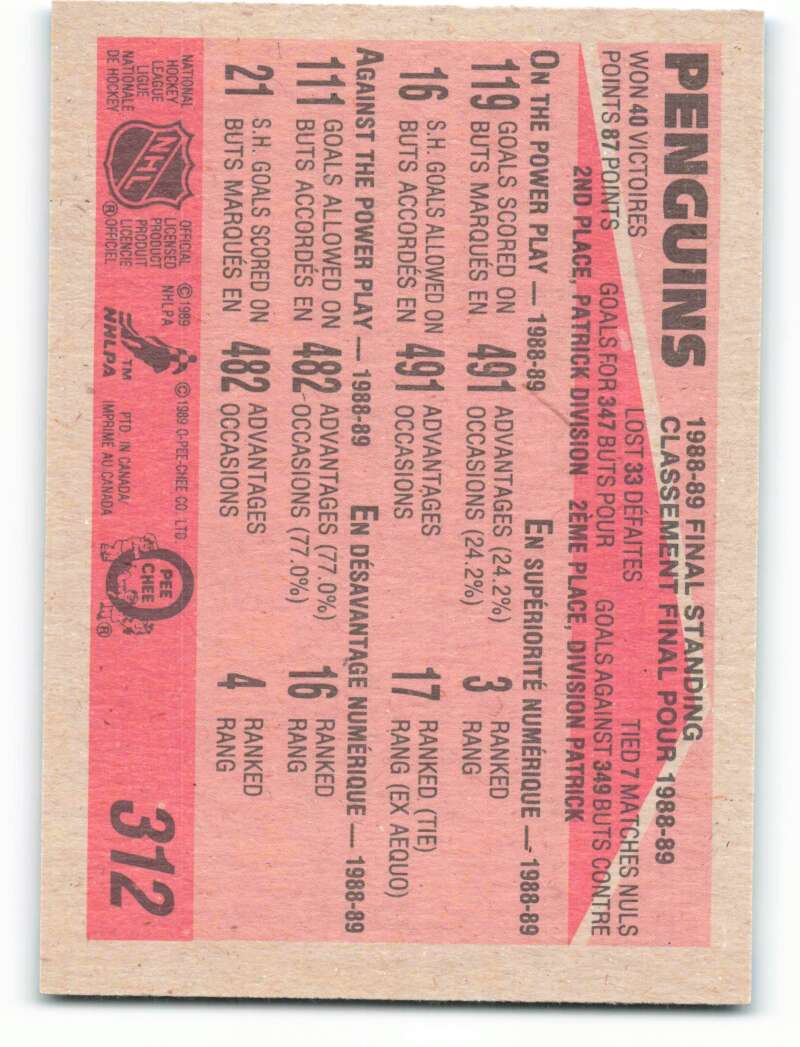 1989-90 O-Pee-Chee #312 Pittsburgh Penguins Mario Lemieux Pittsburgh Penguins Image 2