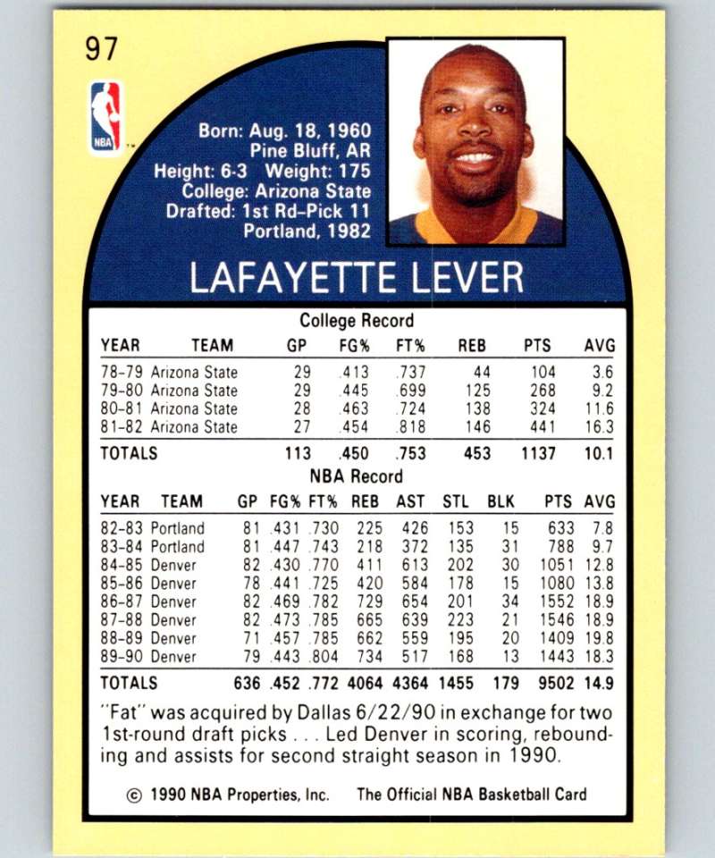 1990-91 Hopps Basketball #97 Lafayette Lever SP Denver Nuggets Image 2