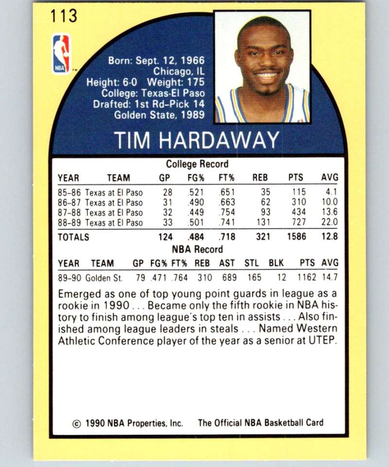 1990-91 Hopps Basketball #113 Tim Hardaway RC Rookie Golden Warriors Image 2