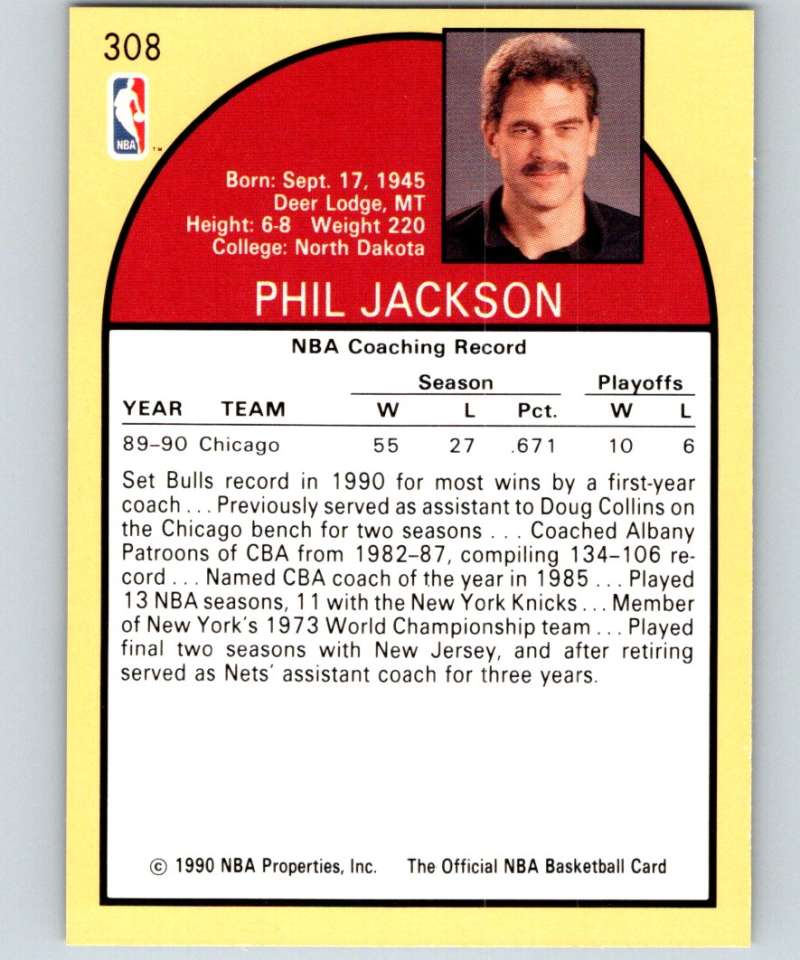 1990-91 Hopps Basketball #308 Phil Jackson CO Chicago Bulls Image 2