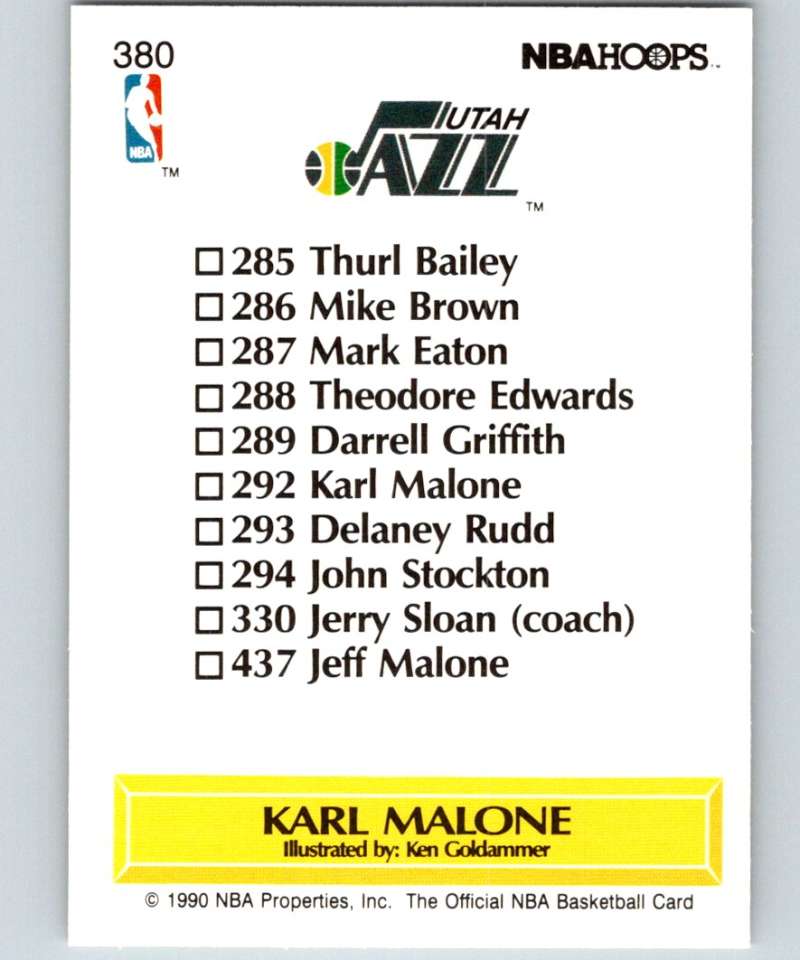 1990-91 Hopps Basketball #380 Karl Malone TC Utah Jazz Image 2