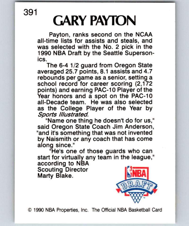 1990-91 Hopps Basketball #391 Gary Payton RC Rookie Seattle SuperSonics Image 2