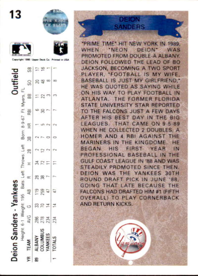 1990 Upper Deck Baseball #13 Deion Sanders  New York Yankees  Image 2
