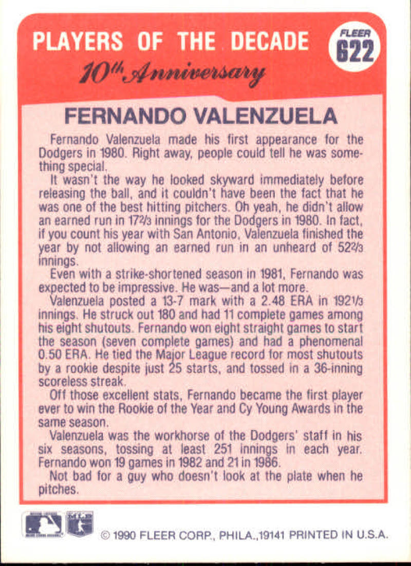 1990 Fleer Baseball #622 Fernando Valenzuela 1981 Los Angeles Dodgers Image 2