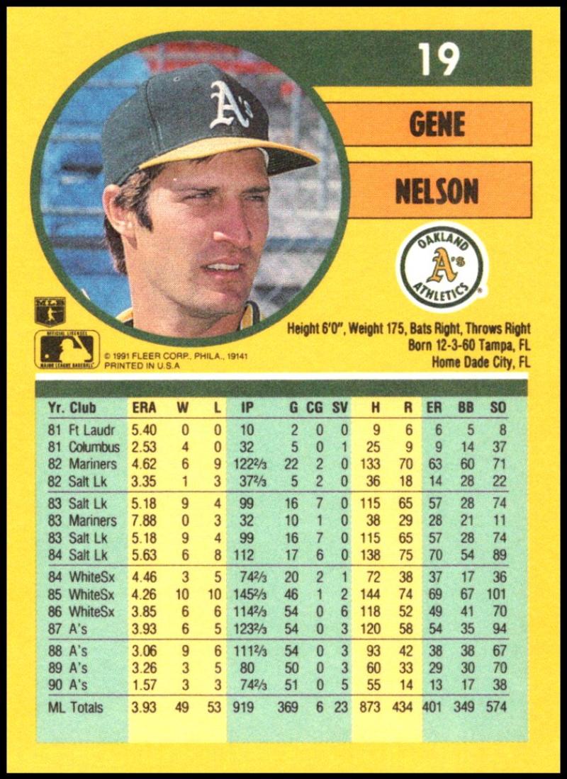 1991 Fleer Baseball #19 Gene Nelson Oakland Athletics Image 2