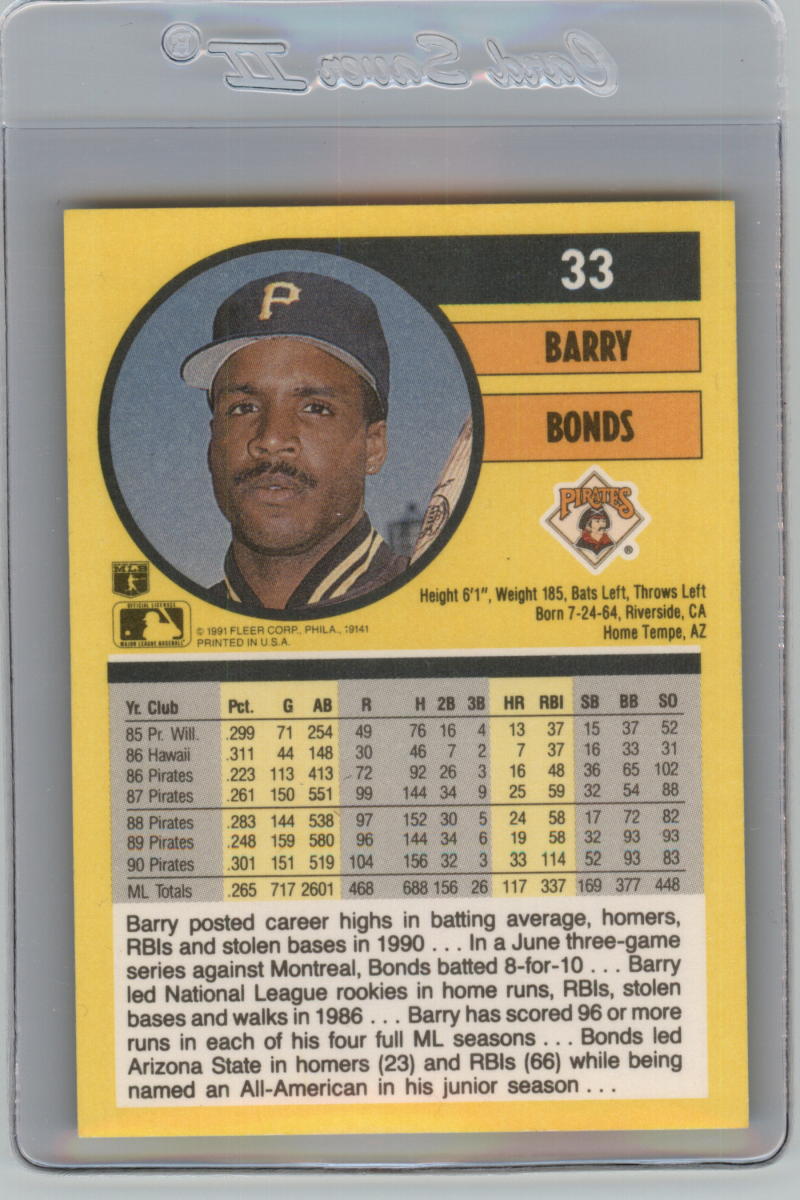 1991 Fleer Baseball #33 Barry Bonds  Pittsburgh Pirates  Image 2