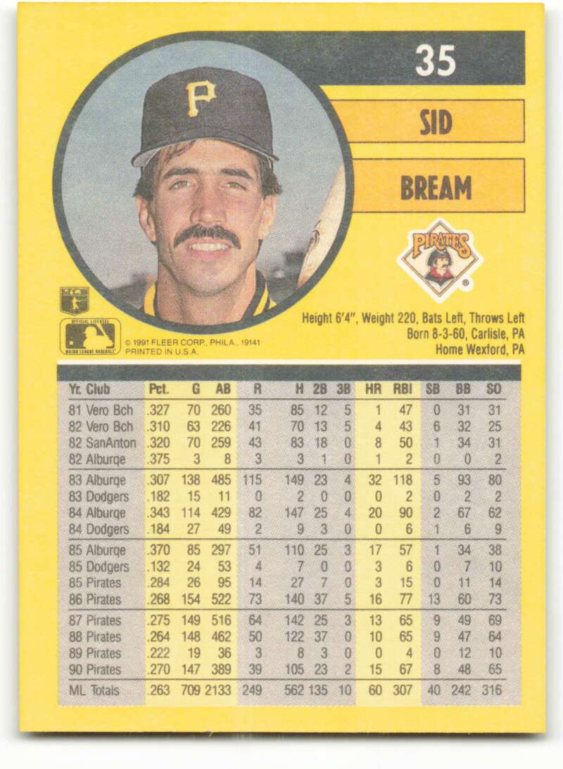1991 Fleer Baseball #35 Sid Bream Pittsburgh Pirates Image 2