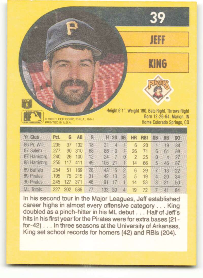 1991 Fleer Baseball #39 Jeff King  Pittsburgh Pirates  Image 2