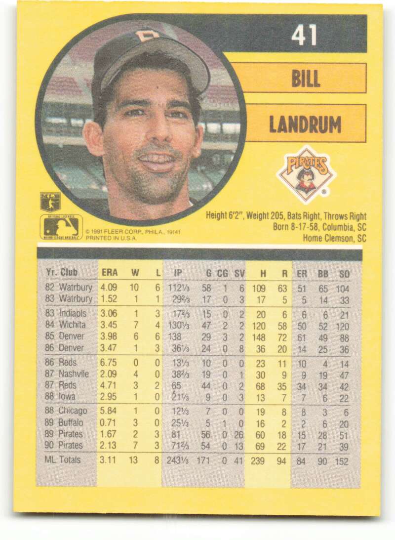 1991 Fleer Baseball #41 Bill Landrum Pittsburgh Pirates Image 2