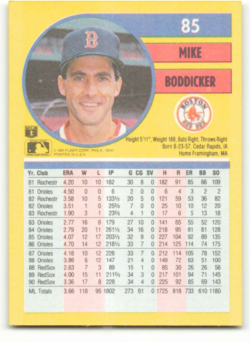 1991 Fleer Baseball #85 Mike Boddicker  Boston Red Sox  Image 2