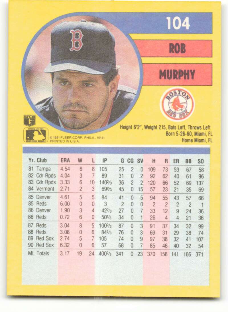 1991 Fleer Baseball #104 Rob Murphy  Boston Red Sox  Image 2