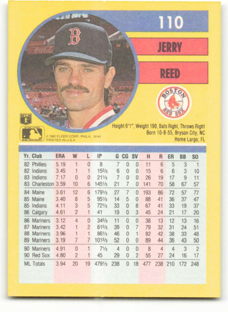 1991 Fleer Baseball #110 Jerry Reed Boston Red Sox Image 2