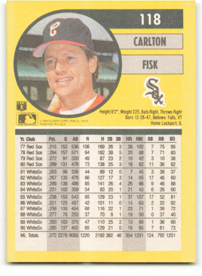 1991 Fleer Baseball #118 Carlton Fisk  Chicago White Sox  Image 2