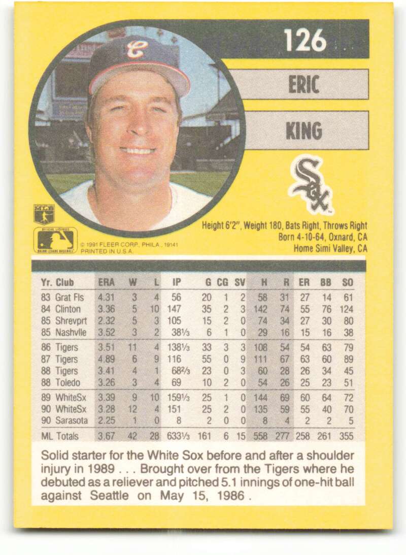 1991 Fleer Baseball #126 Eric King Chicago White Sox Image 2