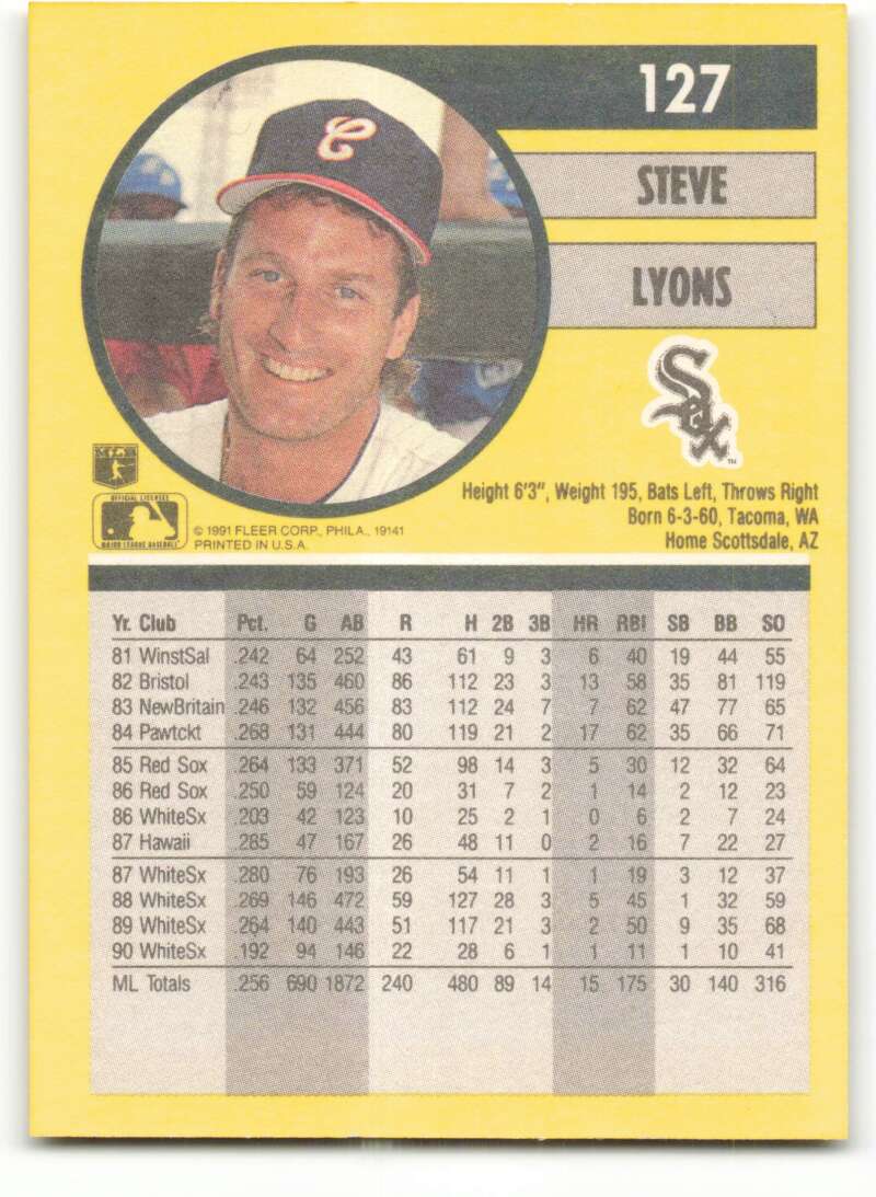 1991 Fleer Baseball #127 Steve Lyons Chicago White Sox Image 2
