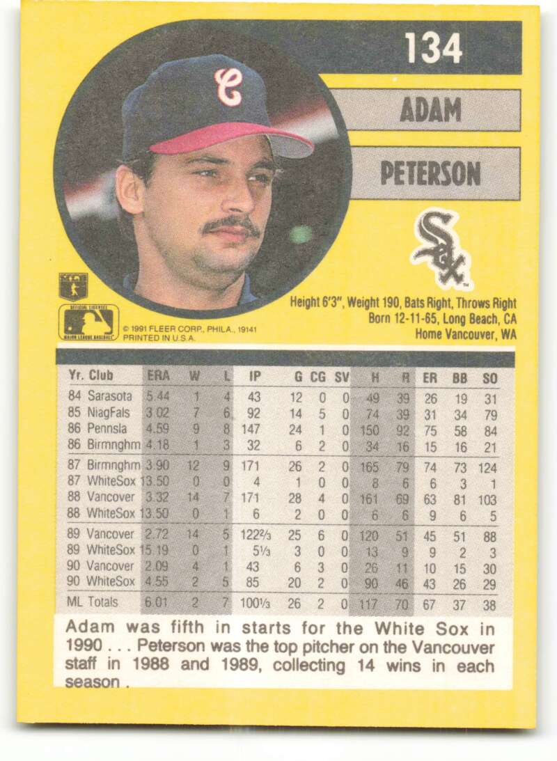 1991 Fleer Baseball #134 Adam Peterson  Chicago White Sox  Image 2