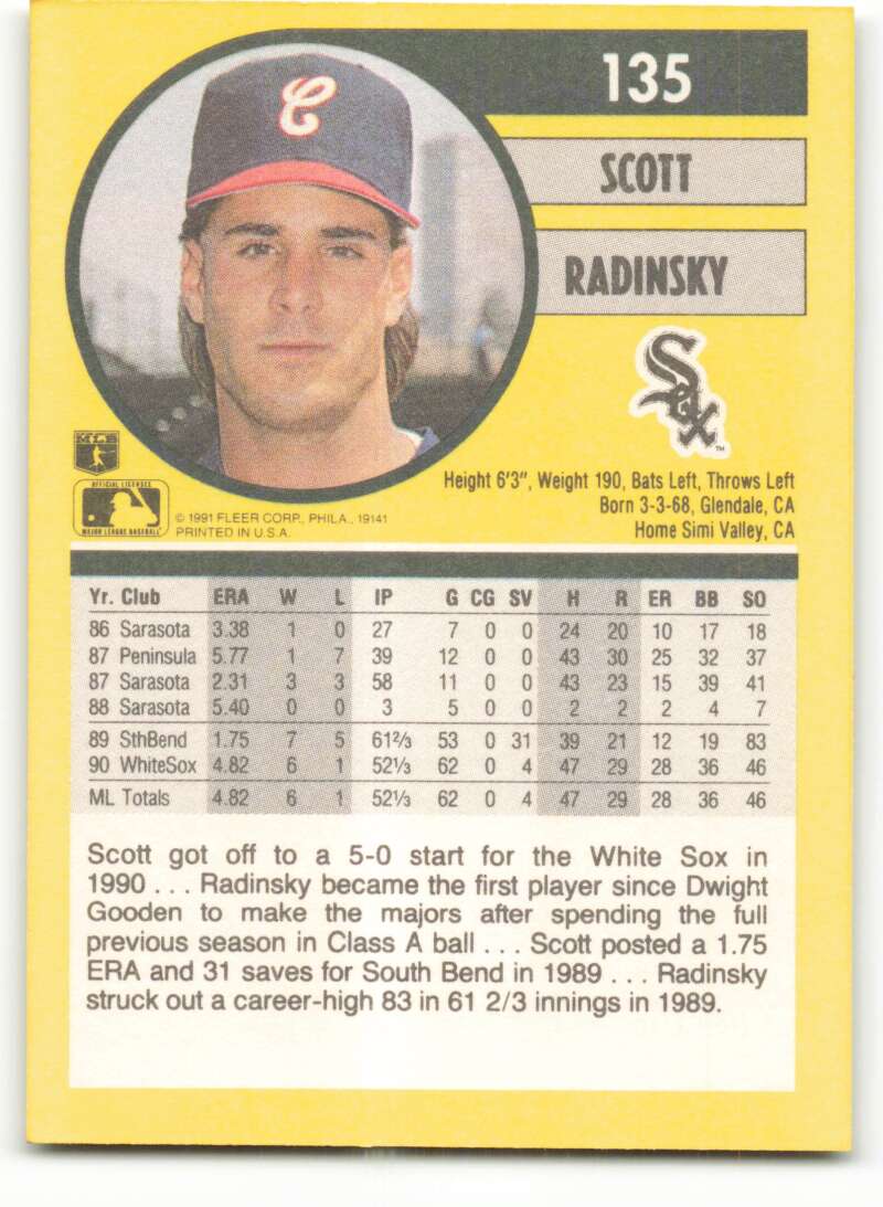 1991 Fleer Baseball #135 Scott Radinsky  Chicago White Sox  Image 2